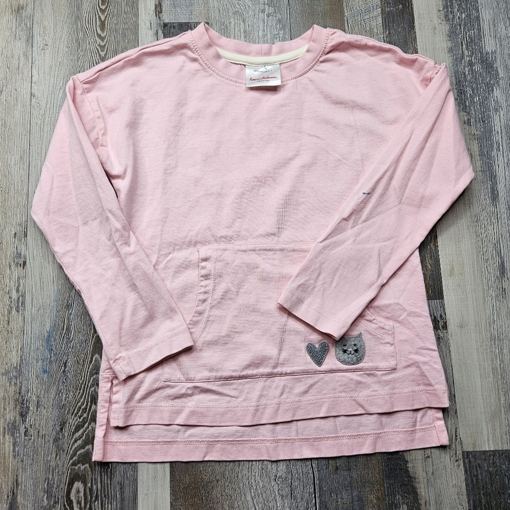 Hanna Andersson Girls 6-7 Pink Top Gray Cat Kangaroo Pocket